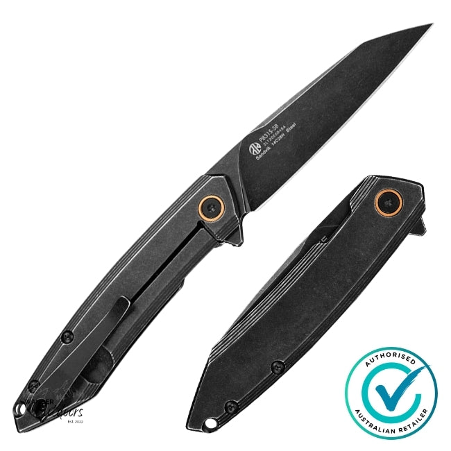 Ruike P831S-SB Folding Knife displayed open and folded side by side, featuring a reverse tanto black stonewashed blade and sleek 3Cr14N stainless steel handle.