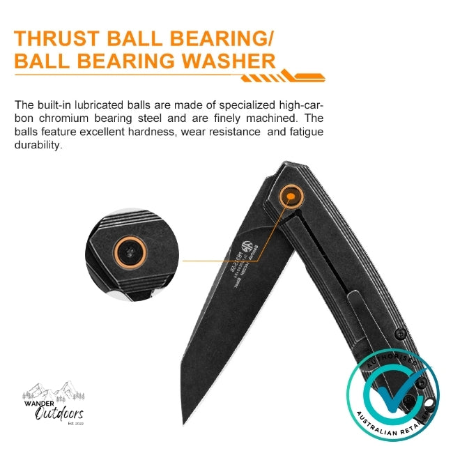 Ruike P831S-SB Folding Knife close-up highlighting the thrust ball bearing system with high-carbon chromium steel balls for smooth and durable blade action.