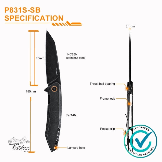 Ruike P831S-SB Folding Knife diagram showing full specifications — Sandvik 14C28N stainless blade, 3Cr14N handle, flipper design, frame lock, pocket clip, and 85 mm blade length.