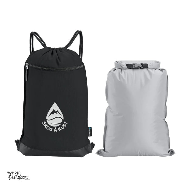 SkogAKust GymSåk 2-in-1 dry bag drawstring bag, black bag with removable waterproof dry bag displayed next to it