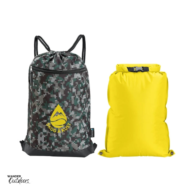 SkogAKust GymSåk 2-in-1 dry bag drawstring bag, digi camo bag with removable waterproof dry bag displayed next to it