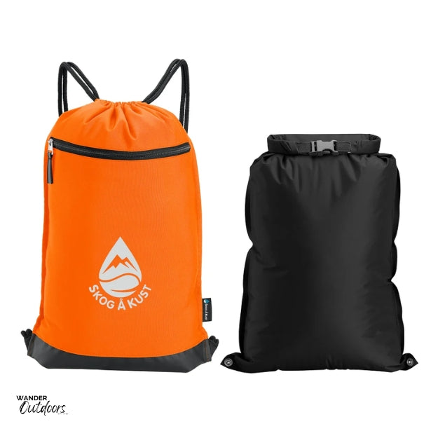 SkogAKust GymSåk 2-in-1 dry bag drawstring bag, orange bag with removable waterproof dry bag displayed next to it