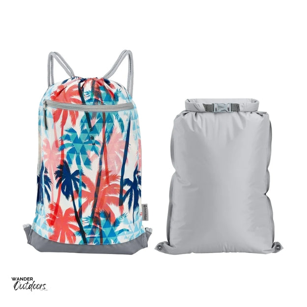 SkogAKust GymSåk 2-in-1 dry bag drawstring bag, Palms design with removable waterproof dry bag displayed next to it