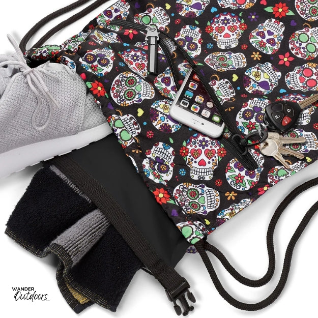 SkogAKust GymSåk 2-in-1 dry bag drawstring bag with sugar skulls design, gym bag with removable waterproof dry bag