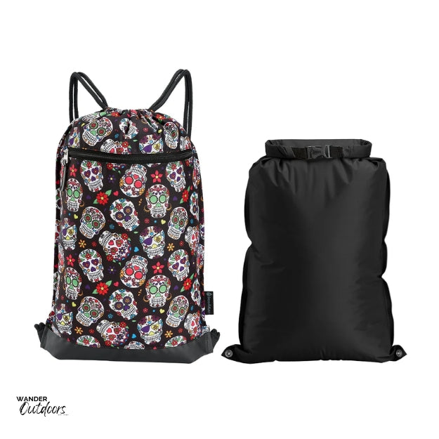 SkogAKust Sugar Skulls 2-in-1 drawstring bag with removable waterproof dry bag displayed next to it