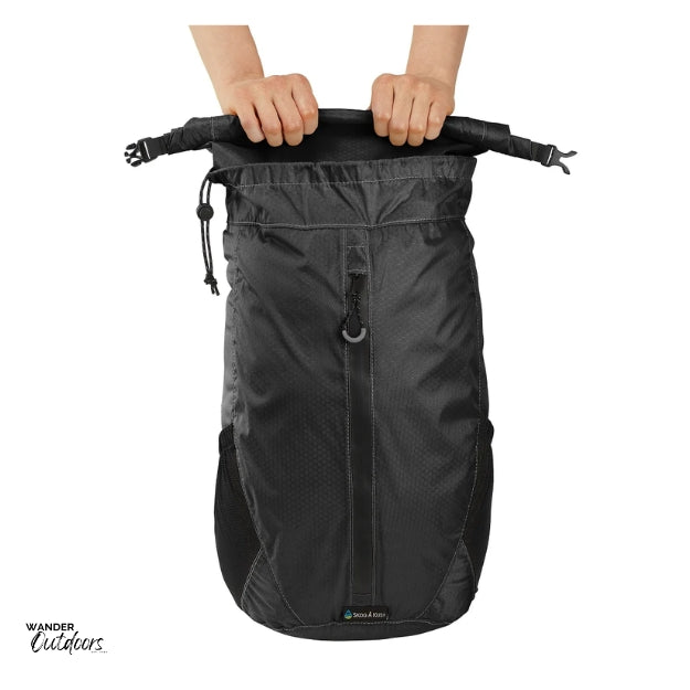 LiteSåk Pak | Ultralight Packable Waterproof Backpack in black, being rolled down
