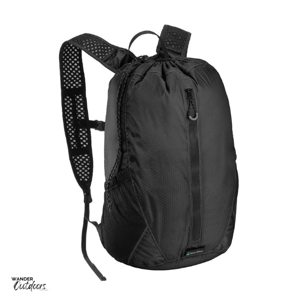 LiteSåk Pak | Ultralight Packable Waterproof Backpack: A compact, 70D silicone-coated nylon backpack with IPX-6 waterproof protection, featuring a roll-down top, Duraflex hardware, splash-proof pocket, and adjustable straps. Ideal for ultralight hiking and outdoor activities in black