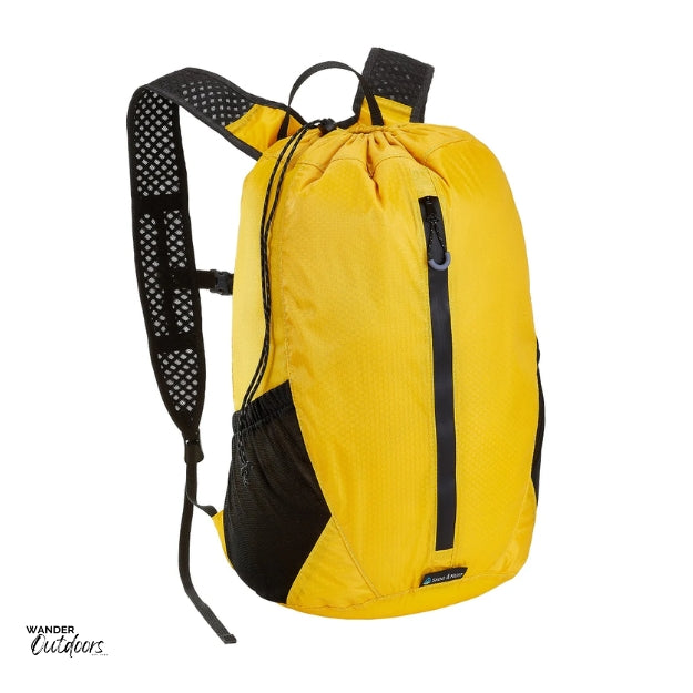 LiteSåk Pak | Ultralight Packable Waterproof Backpack: A lightweight, 199g backpack made from silicone-coated nylon with heat-taped seams, offering IPX-6 waterproof protection, multiple pockets, and adjustable straps. Perfect for hiking, travel, and beach outings in yellow
