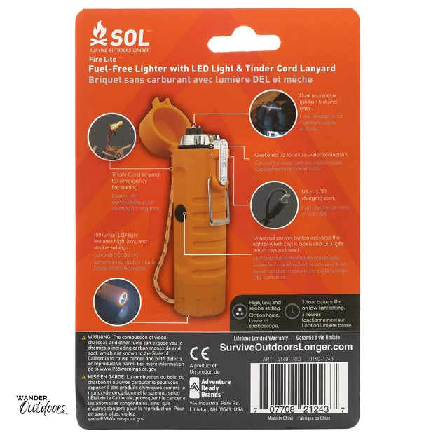 SOL Fire Lite™ Fuel-Free Lighter Packaging Back