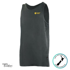 Stoney Creek Brand Singlet front view with small yellow chest logo on soft charcoal cotton, perfect for summer wear.