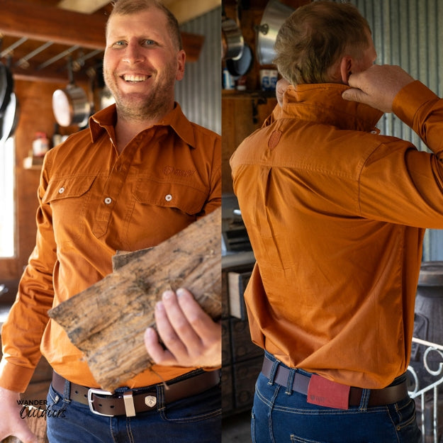 Stoney Creek Done and Dusted Shirt in Rust working the farm