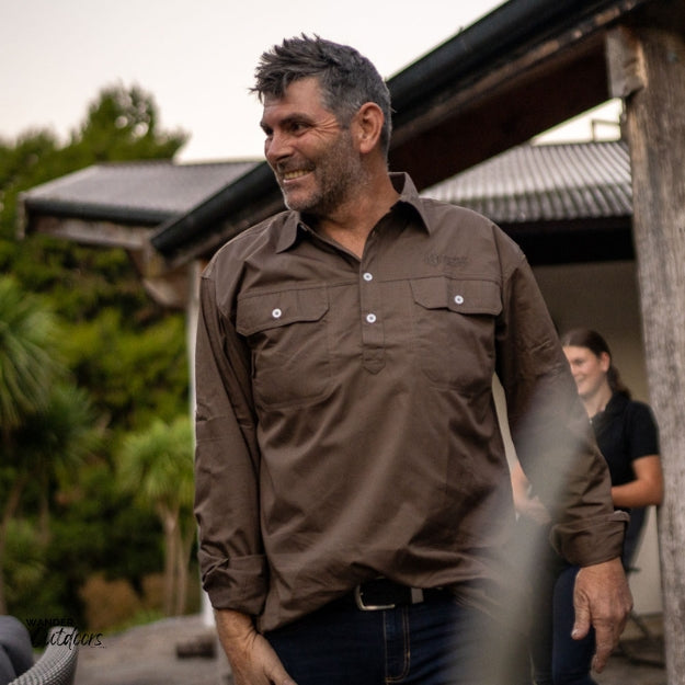 Stoney Creek Done and Dusted Shirt in Tan on the farm