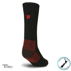 Black and red sock with Stoney Creek logo on a white background