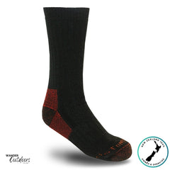 Black sock with red accents on a white background