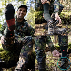 Collage of a person in camouflage gear with focus on socks and boots in a forest setting.