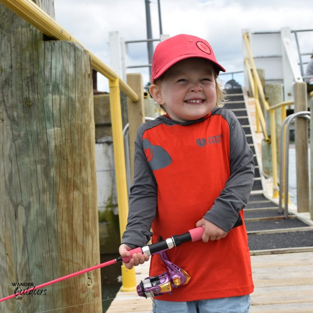 Stoney Creek Kid's Apex Hoodie Fiery Red Dark Shadow Out Fishing