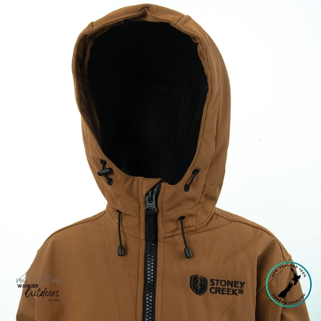 Brown jacket with a hood and Stoney Creek logo on a white background