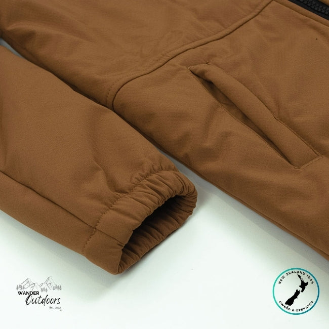 Brown quilted jacket on a white background with 'Wander Outdoors' branding.