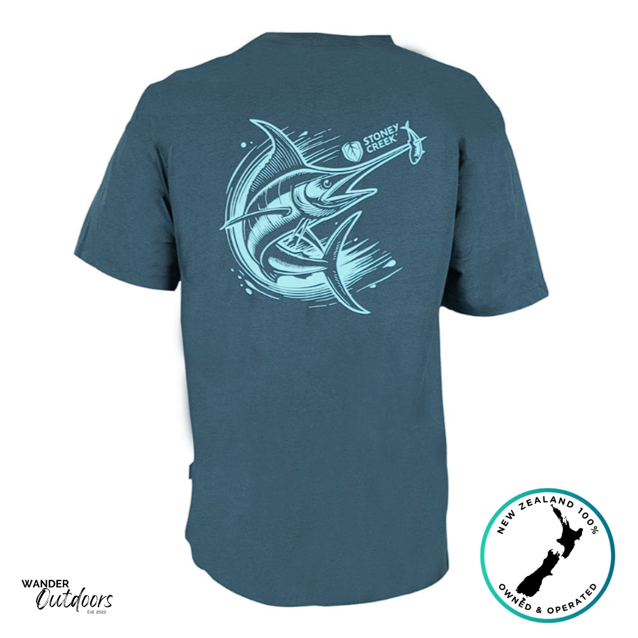 Stoney Creek Marlin Tee back view featuring bold blue marlin fishing graphic on dark teal cotton fabric.