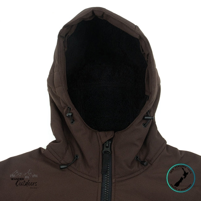 Brown hooded jacket with a visible brand logo on a white background