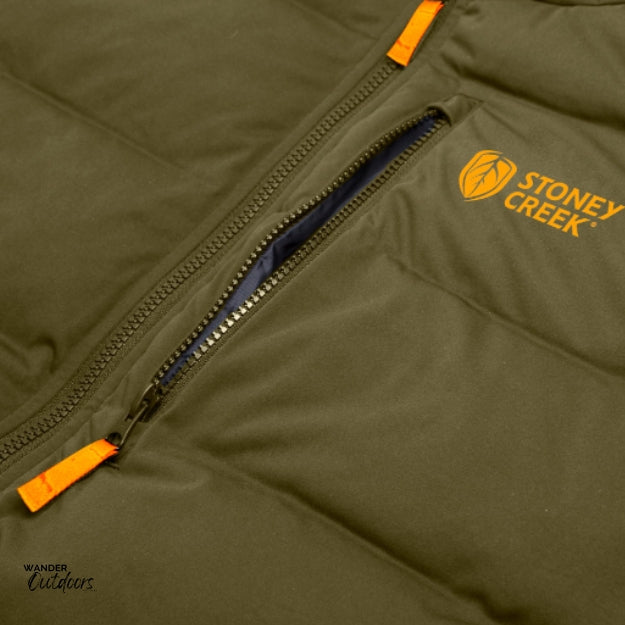 Stoney Creek Men's Thermoflex Jacket Bayleaf Close Up Of Chest Zip Pocket