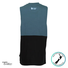 Stoney Creek Split Tank back view showing two-tone blue and black cotton design with small Stoney Creek logo.