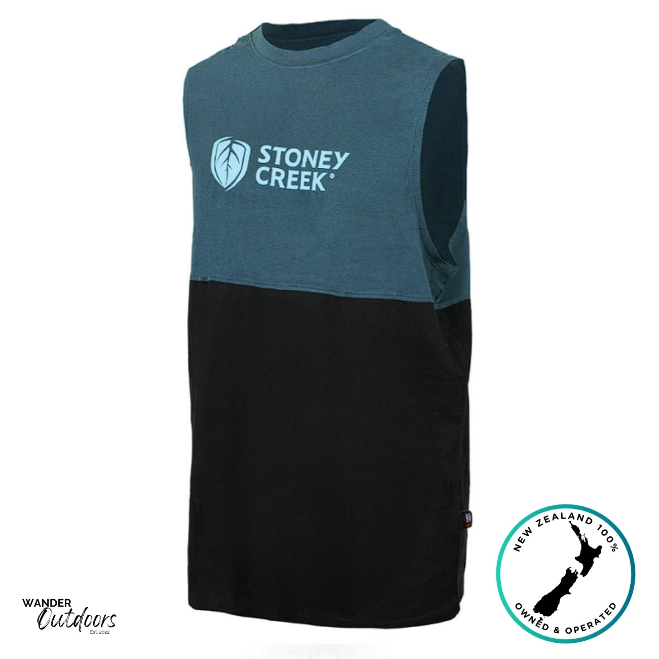 Stoney Creek Split Tank front view featuring blue and black colour block design with bold chest logo, made from soft 100% cotton.