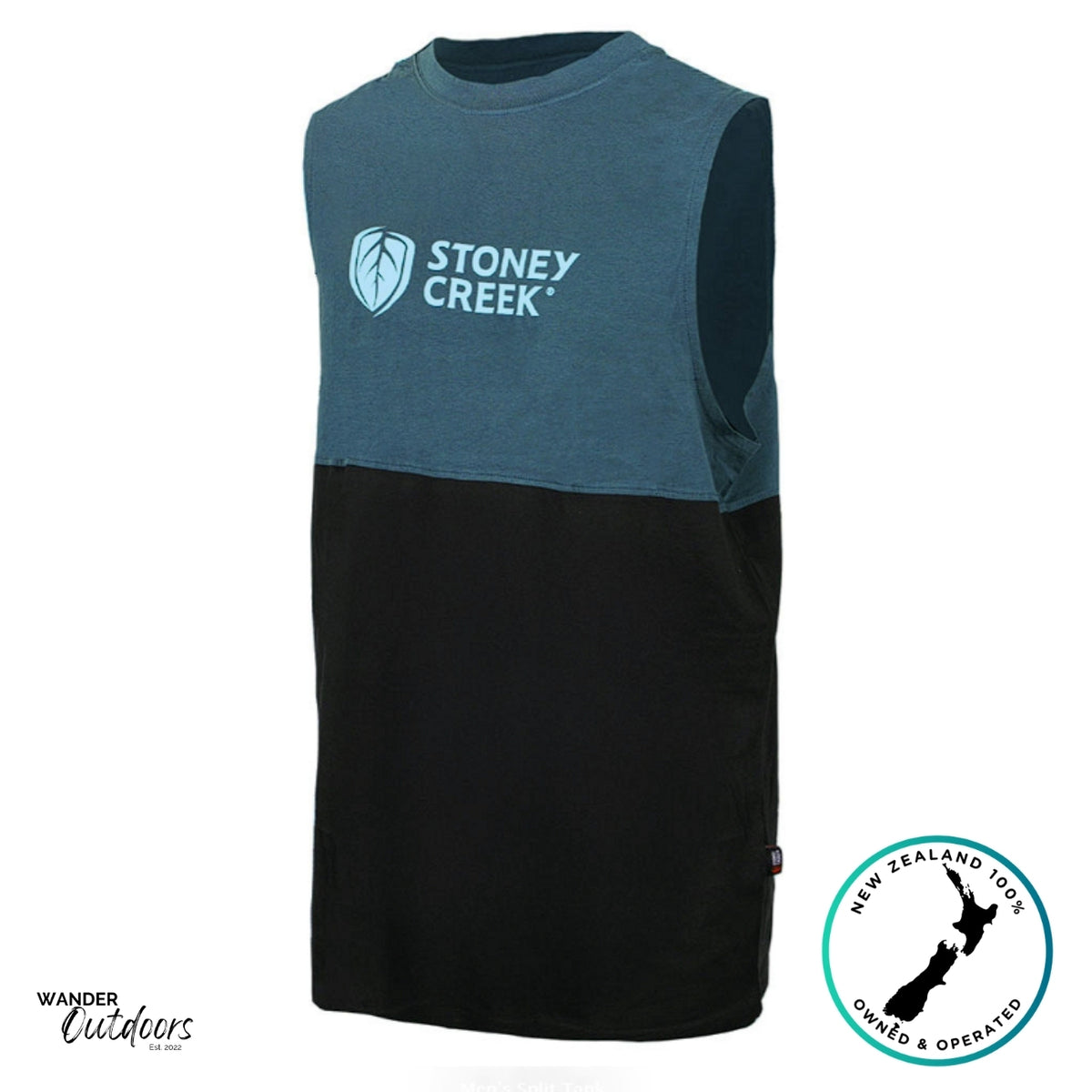 Stoney Creek Split Tank front view featuring blue and black colour block design with bold chest logo, made from soft 100% cotton.