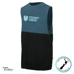 Stoney Creek Split Tank front view featuring blue and black colour block design with bold chest logo, made from soft 100% cotton.