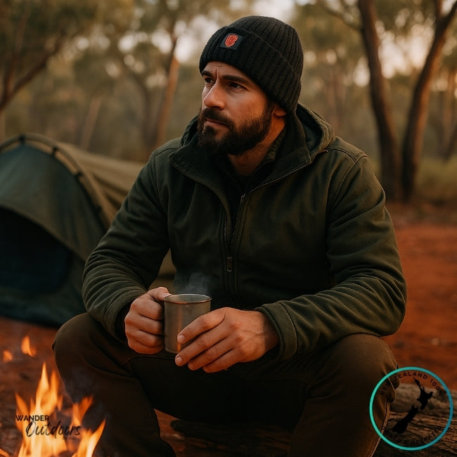 Man sitting by a campfire holding a mug in a forest setting wearing wool beanie