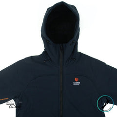Dark blue hooded jacket with a brand logo on a white background