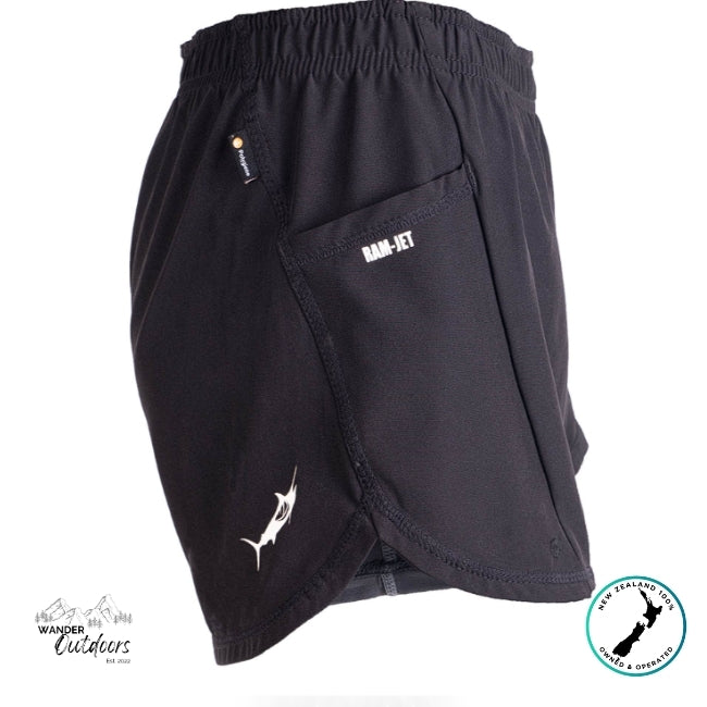 Black shorts with visible branding on a white background