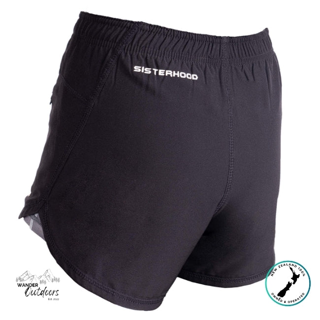 Black shorts with 'Sisterhood' branding on a white background