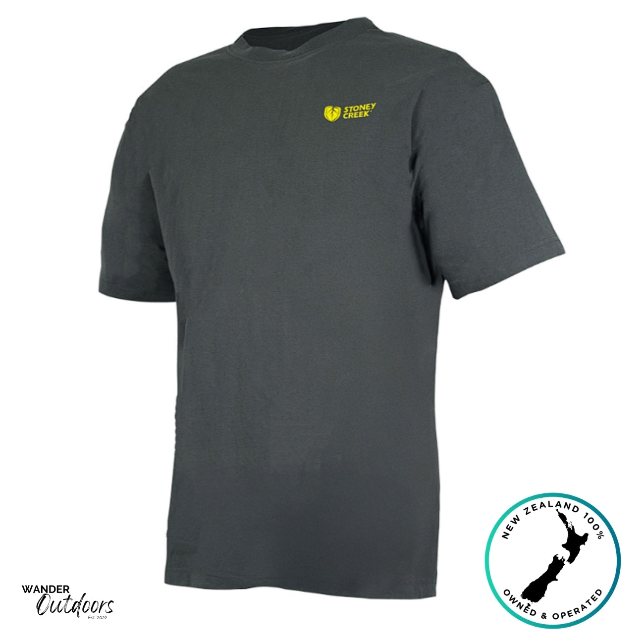 Stoney Creek Yellow Fin Bust Up Tee back view showing bright yellow tuna graphic print on dark charcoal cotton fabric.