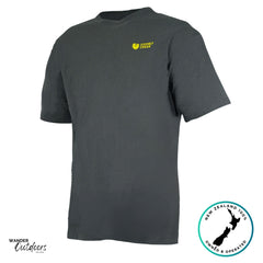 Stoney Creek Yellow Fin Bust Up Tee back view showing bright yellow tuna graphic print on dark charcoal cotton fabric.