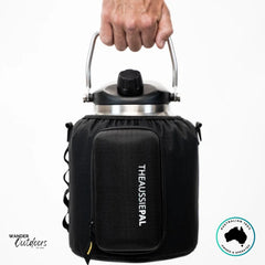 The Aussie Pal 4L Hydro Jug in black with insulated carry cover, shown with top handle grip and stainless lid for easy transport.