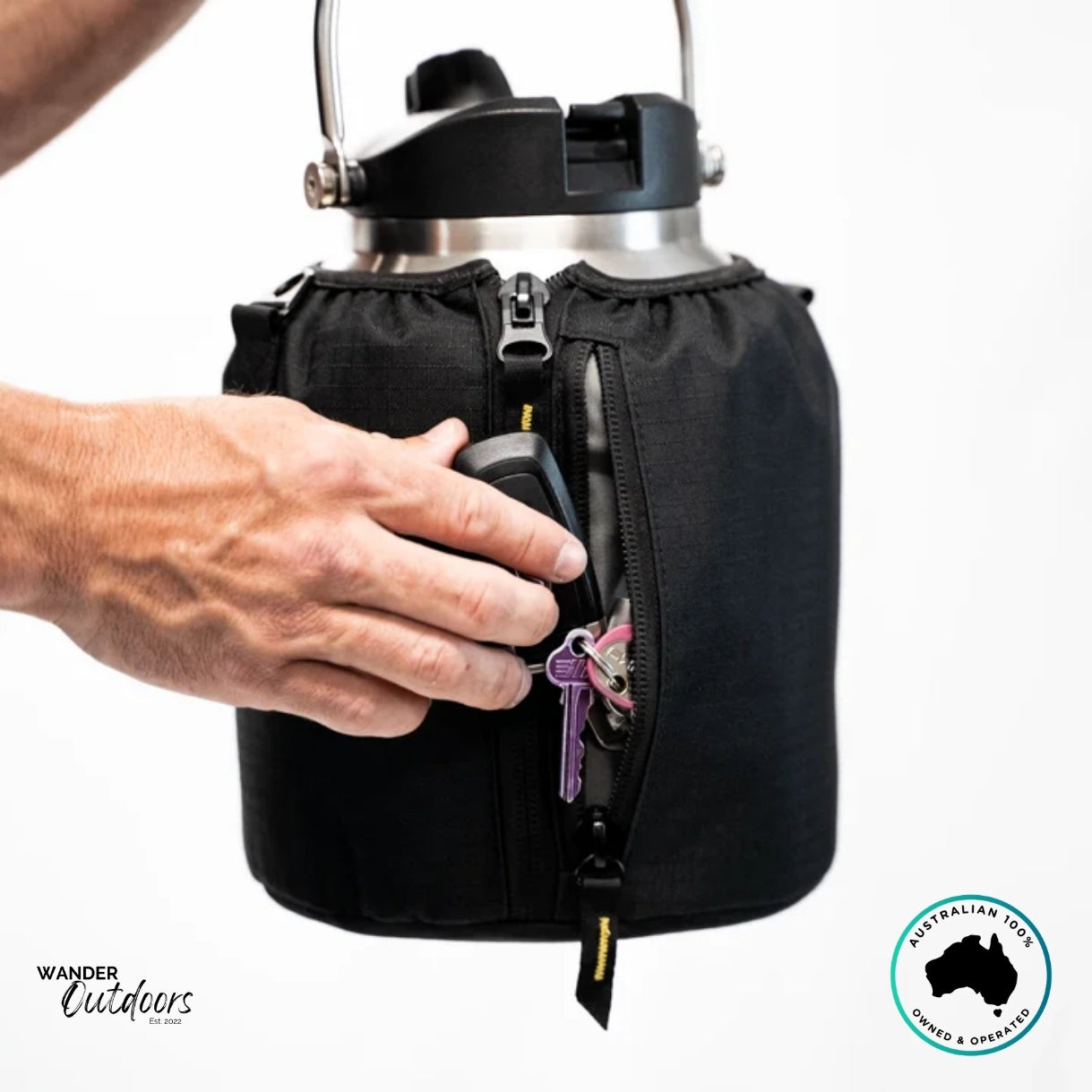 Close-up of The Aussie Pal 4L Hydro Jug Sling showing secure zip pocket for keys, cards, or essentials, perfect for on-the-go use.