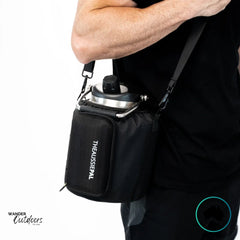The Aussie Pal 4L Hydro Jug Bottle Sling in classic black with adjustable shoulder strap, zip pockets, and snug fit around jug.