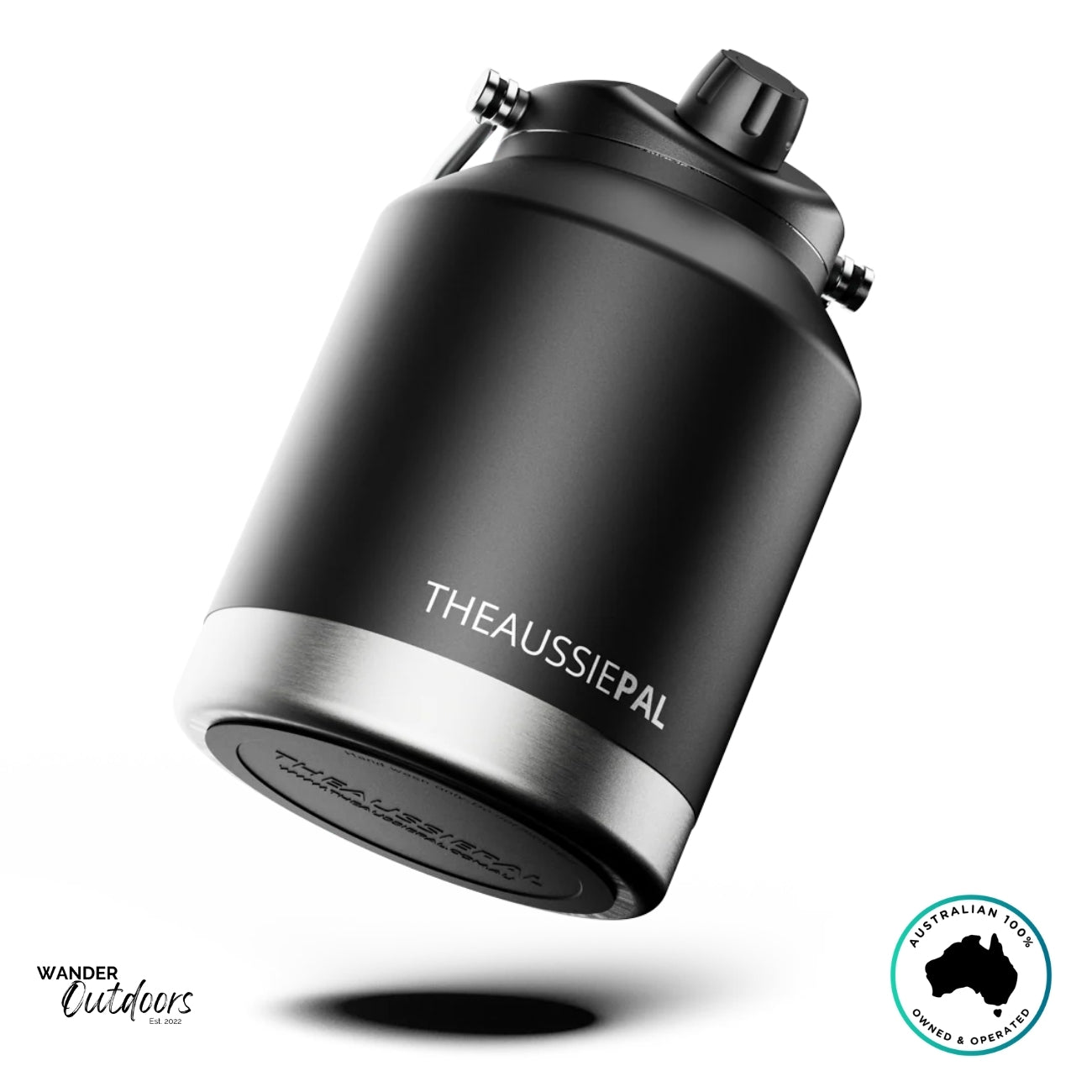 The Aussie Pal 4L Insulated Hydro Jug in black angled on its stainless base, showing robust matte powder coat.