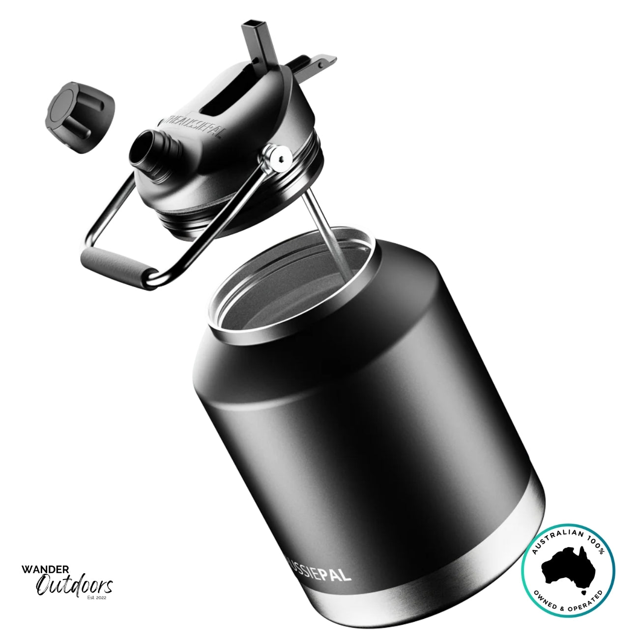 The Aussie Pal 4L black insulated jug with lid and straw assembly detached, showcasing stainless interior.