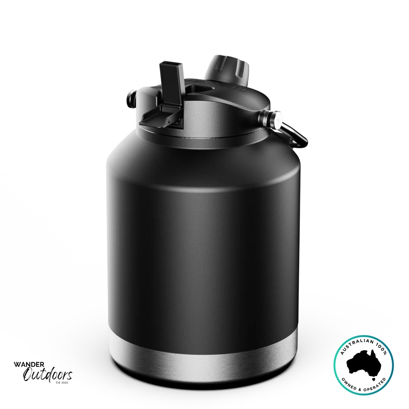 Rear view of The Aussie Pal 4L black insulated jug showcasing ergonomic handle, dual-lid system and stainless steel base.