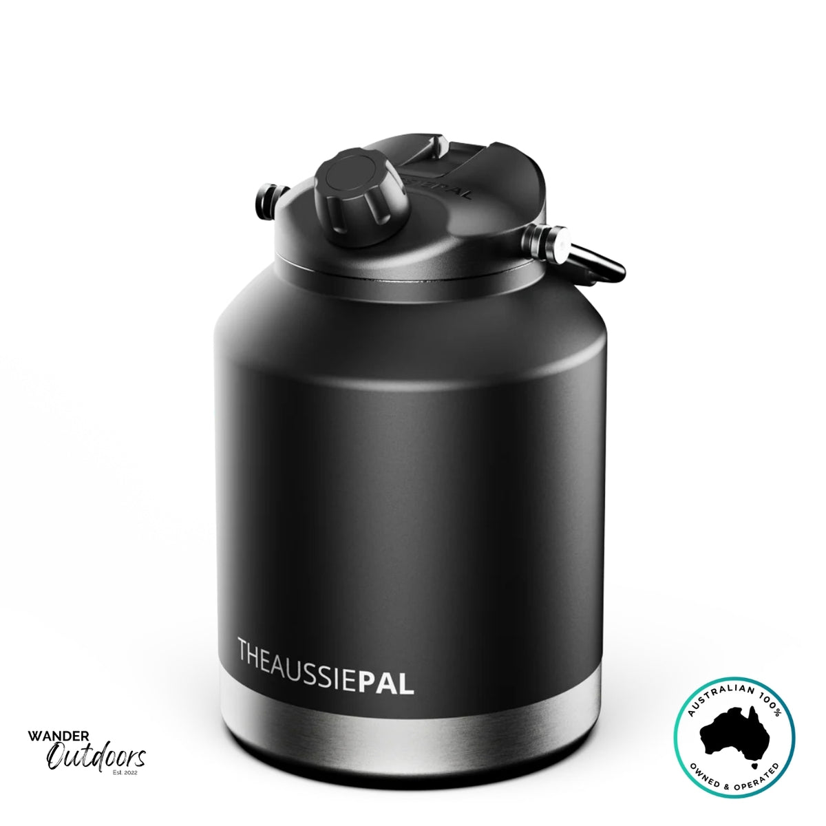 The Aussie Pal 4L Insulated Hydro Jug in matte black with stainless steel base, designed for rugged outdoor use.