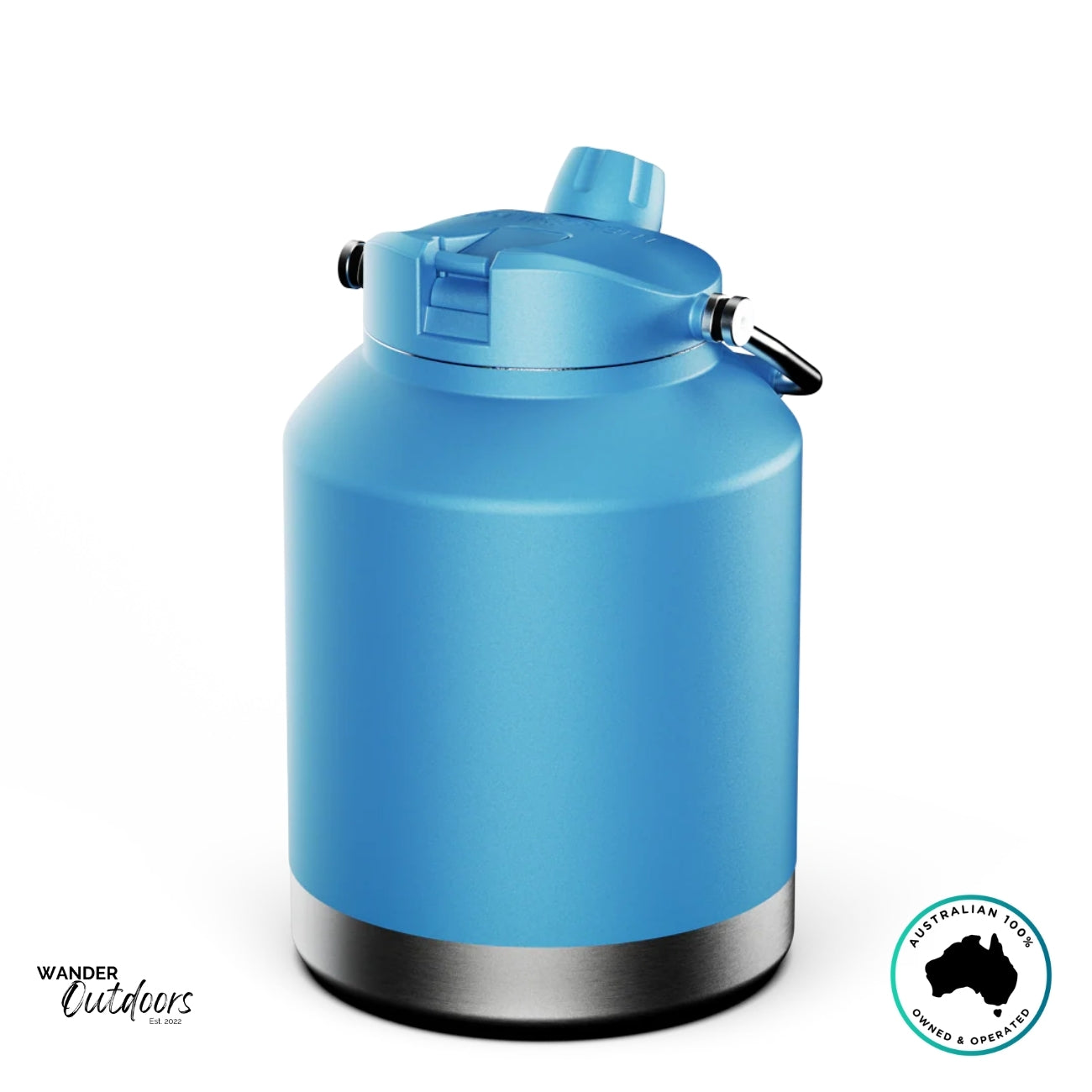 Rear view of The Aussie Pal 4L blue insulated jug showcasing ergonomic handle and secure lid system.