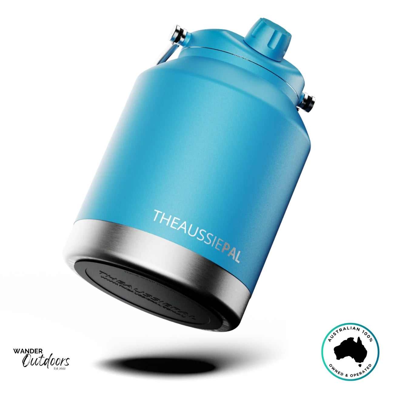 The Aussie Pal 4L Insulated Hydro Jug in blue resting on its stainless base, showing durable powder-coated finish