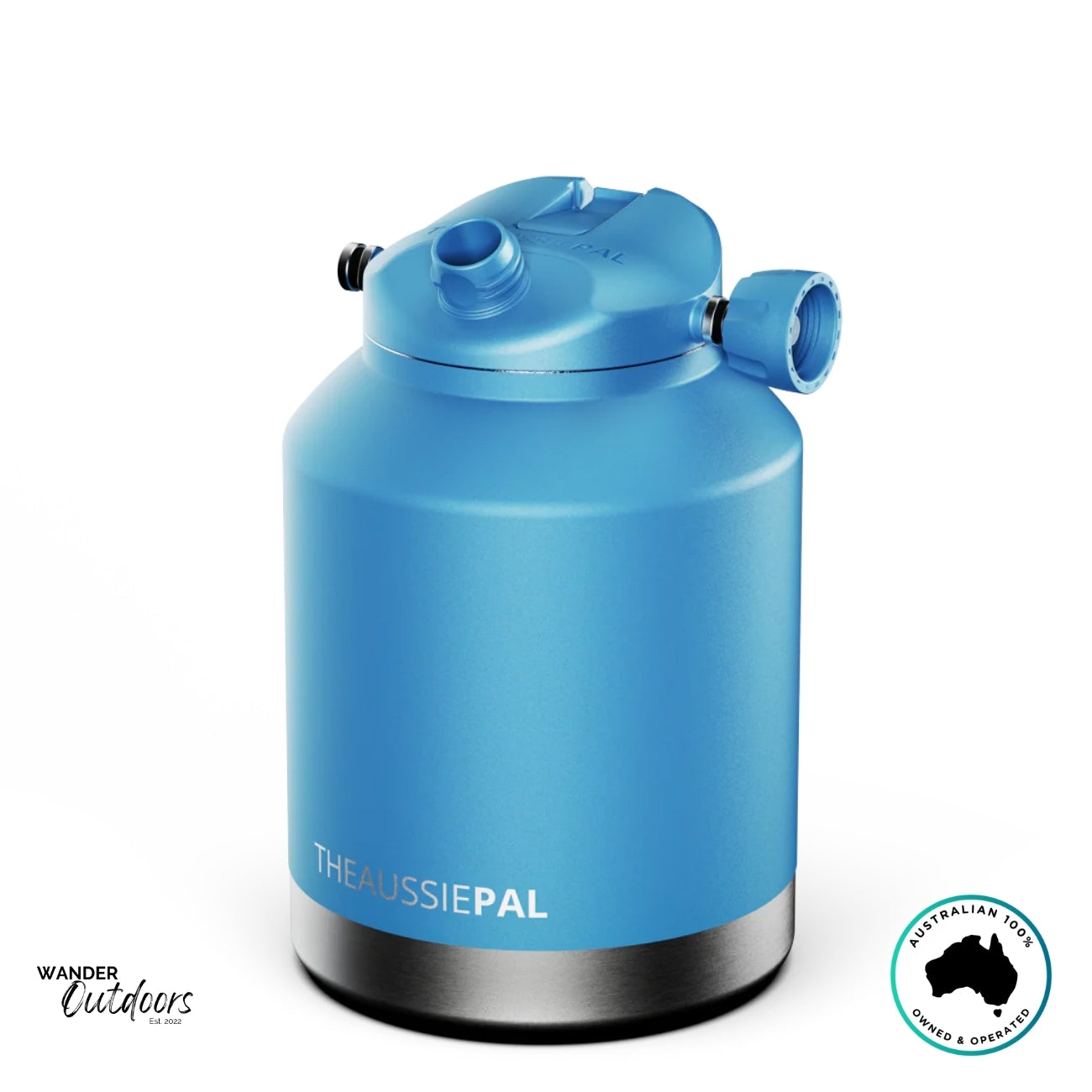 The Aussie Pal 4L blue Hydro Jug highlighting chug spout lid option for fast hydration and wide opening.