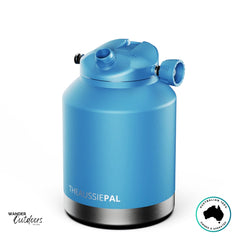 The Aussie Pal 4L blue Hydro Jug highlighting chug spout lid option for fast hydration and wide opening.