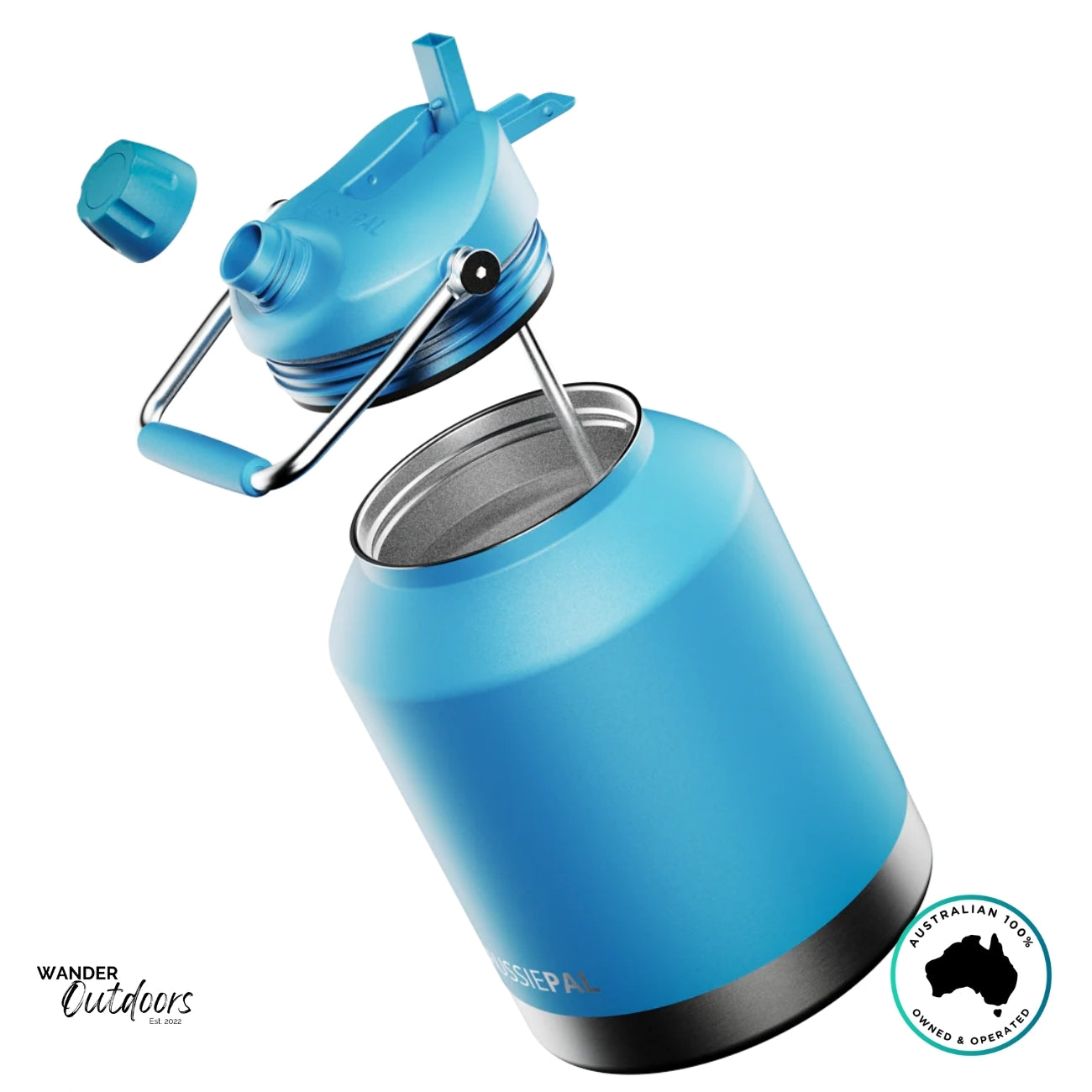 The Aussie Pal 4L blue insulated jug with lid removed, revealing wide stainless interior and metal handle design.