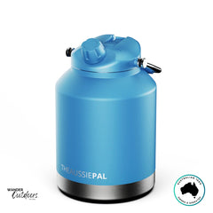 The Aussie Pal 4L Insulated Hydro Jug in ocean blue, stainless steel base, and matte finish for outdoor use.