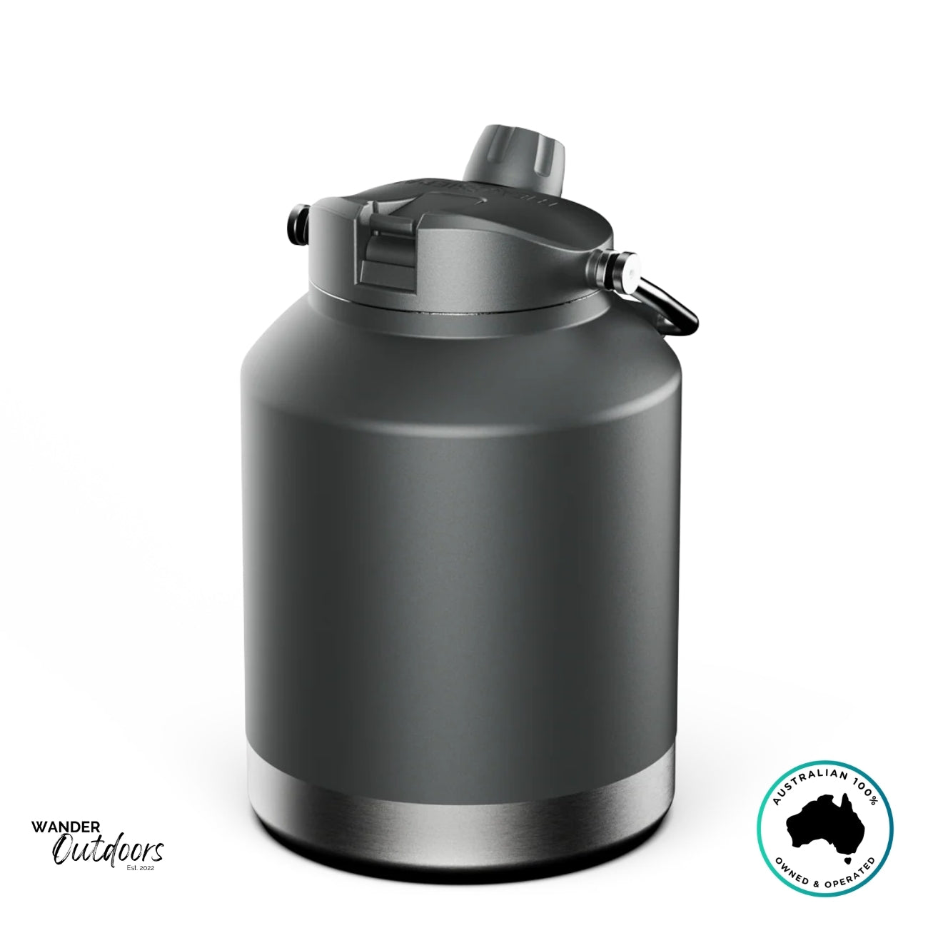 Rear view of The Aussie Pal 4L insulated jug in charcoal grey showing ergonomic handle and dual-lid system.