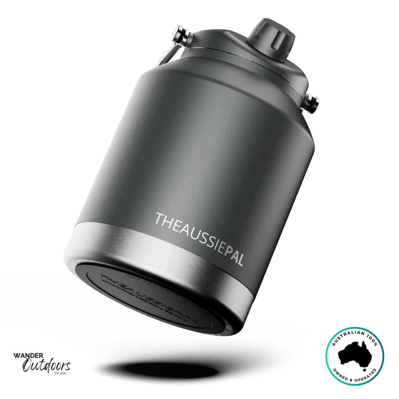 The Aussie Pal 4L Insulated Hydro Jug in charcoal grey angled on its stainless base, showing premium matte finish.